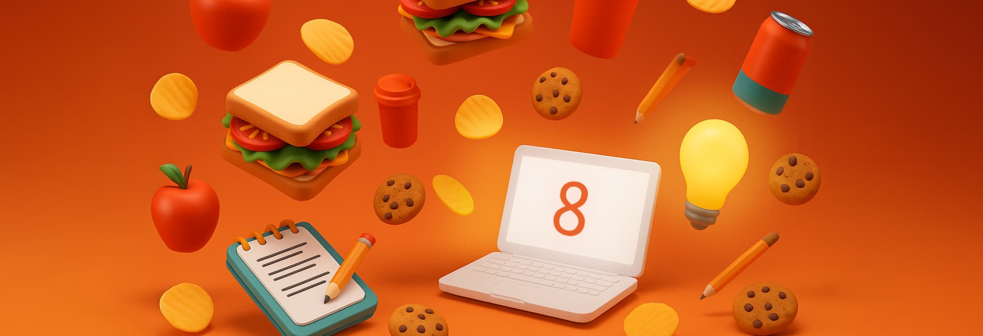 The power of lunch and learns featured image. Fun illustration of cookies, lightbulbs and sandwhiches floating around a laptop